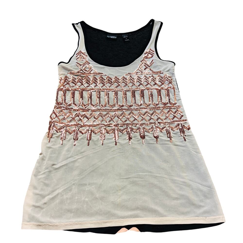 Vintage Y2K Mcbling Sequin Embellished Daytrip Cream Sheer Black Tank Top M